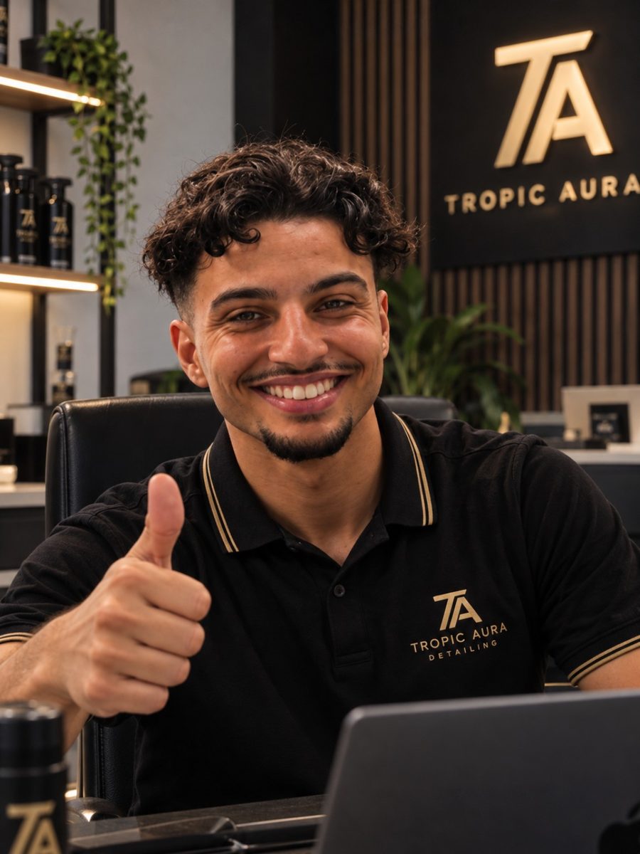 Amine Tssouli, oprichter van Tropic Aura Detailing, glimlacht met duim omhoog achter zijn bureau