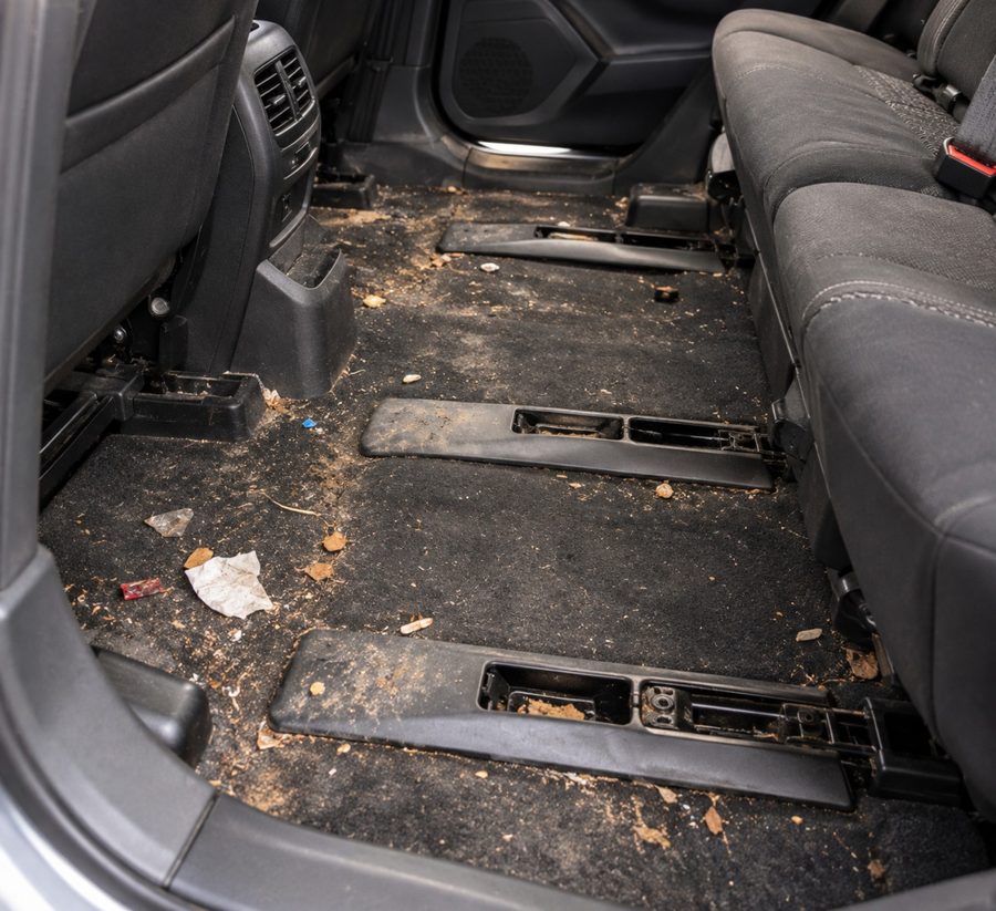 Vieze autovloer met vuil en afval vóór de reiniging